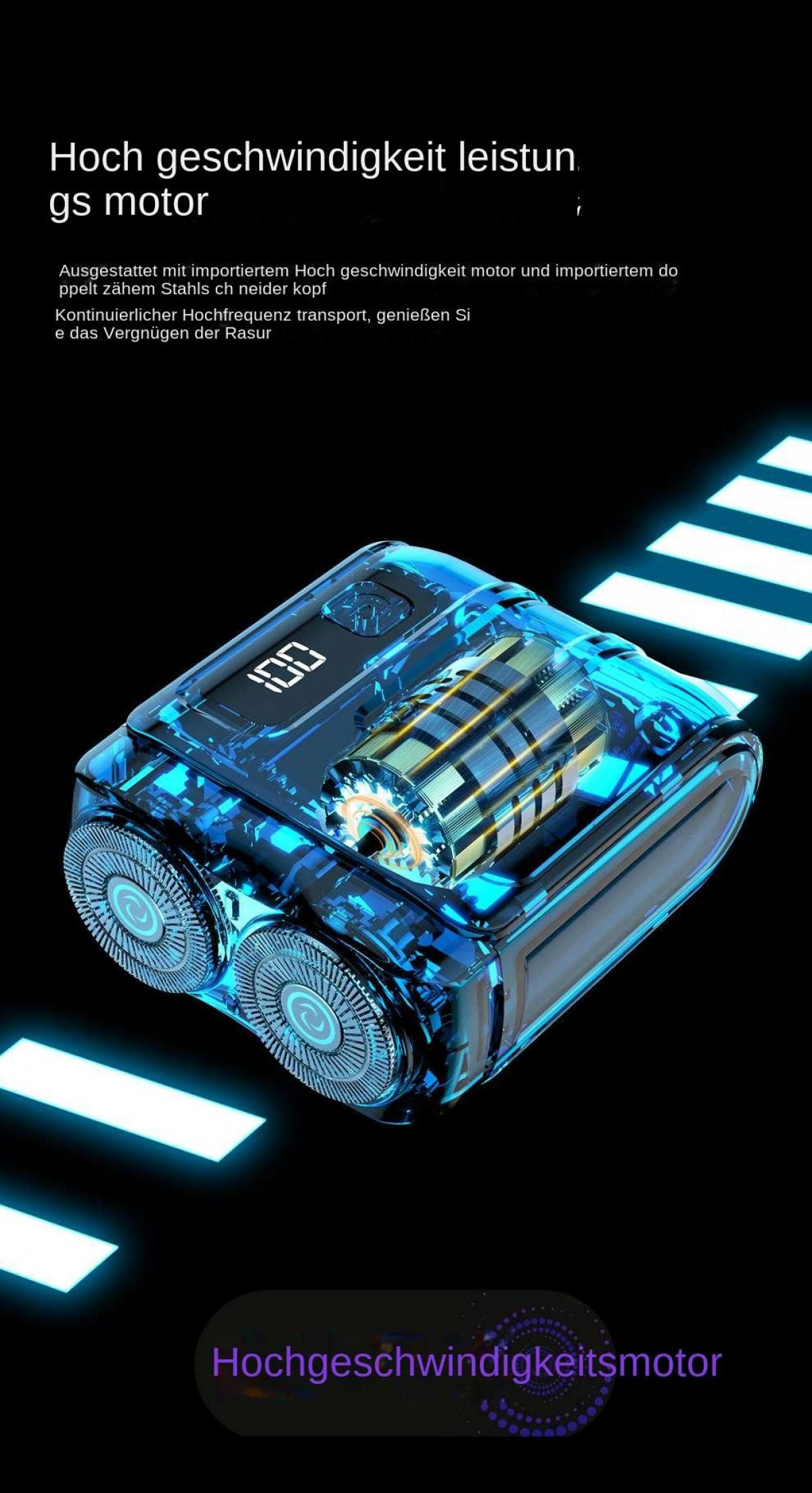Ein transparenter blauer Elektrorasierer mit zwei Klingen und einem digitalen Display.