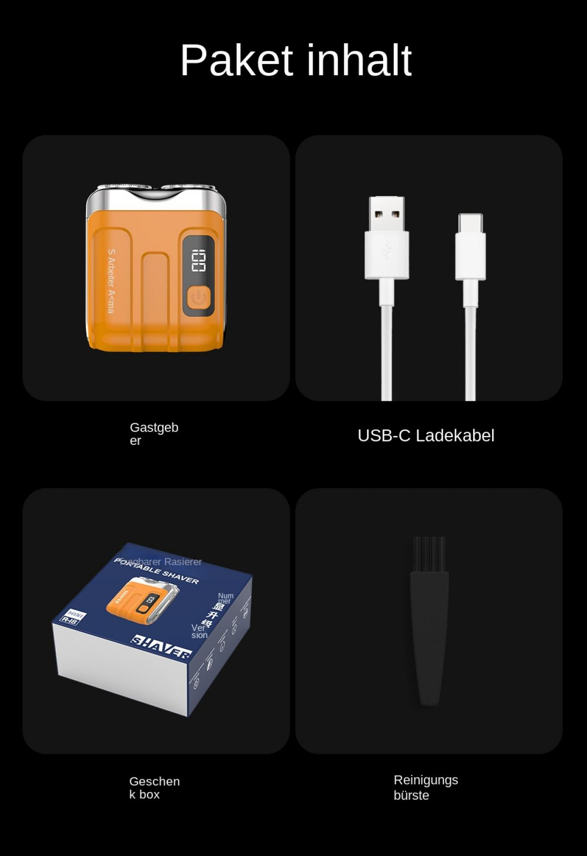 Paketinhalt: Oranger Rasierer, USB-C Kabel, Rasierer-Box, Bürste.