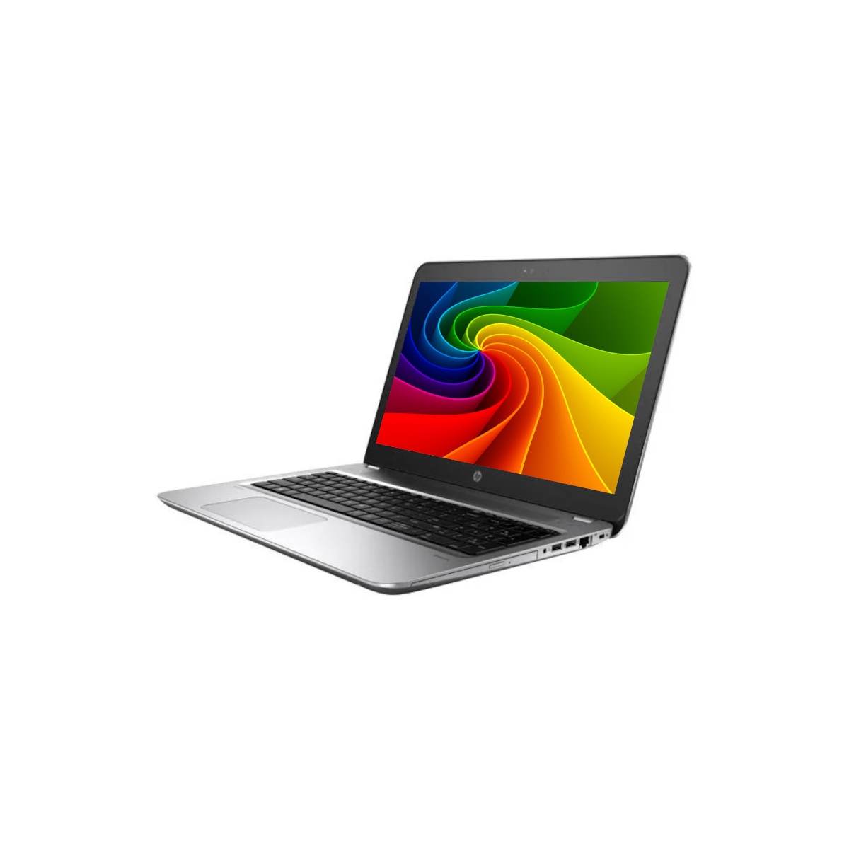 Ein geöffneter silberner Laptop mit einem bunten Wirbel auf dem Bildschirm.