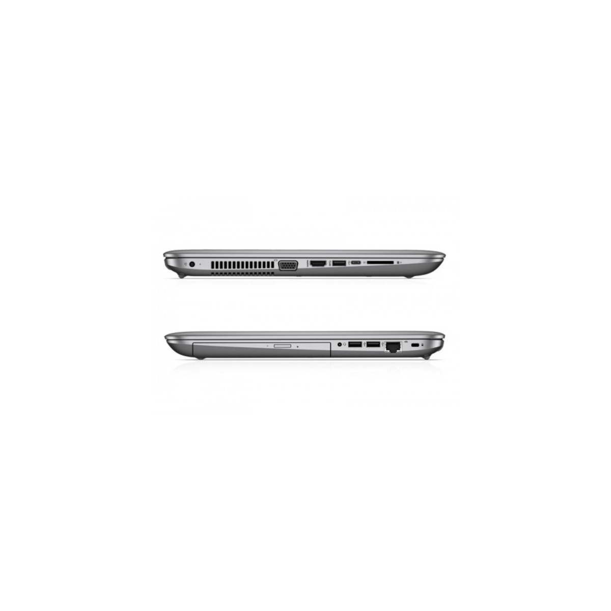 Zwei Seitenansichten eines silbernen Laptops mit Anschlüssen.