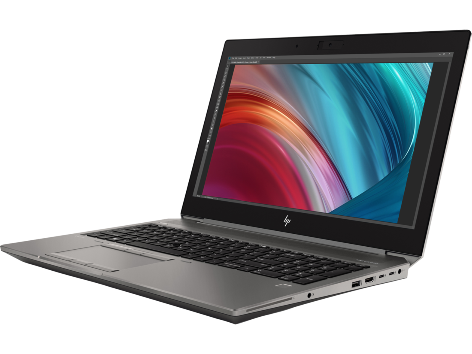 Ein silberner HP Laptop mit einem bunten, abstrakten Hintergrundbild auf dem Bildschirm. Er steht auf schwarzem Hintergrund.