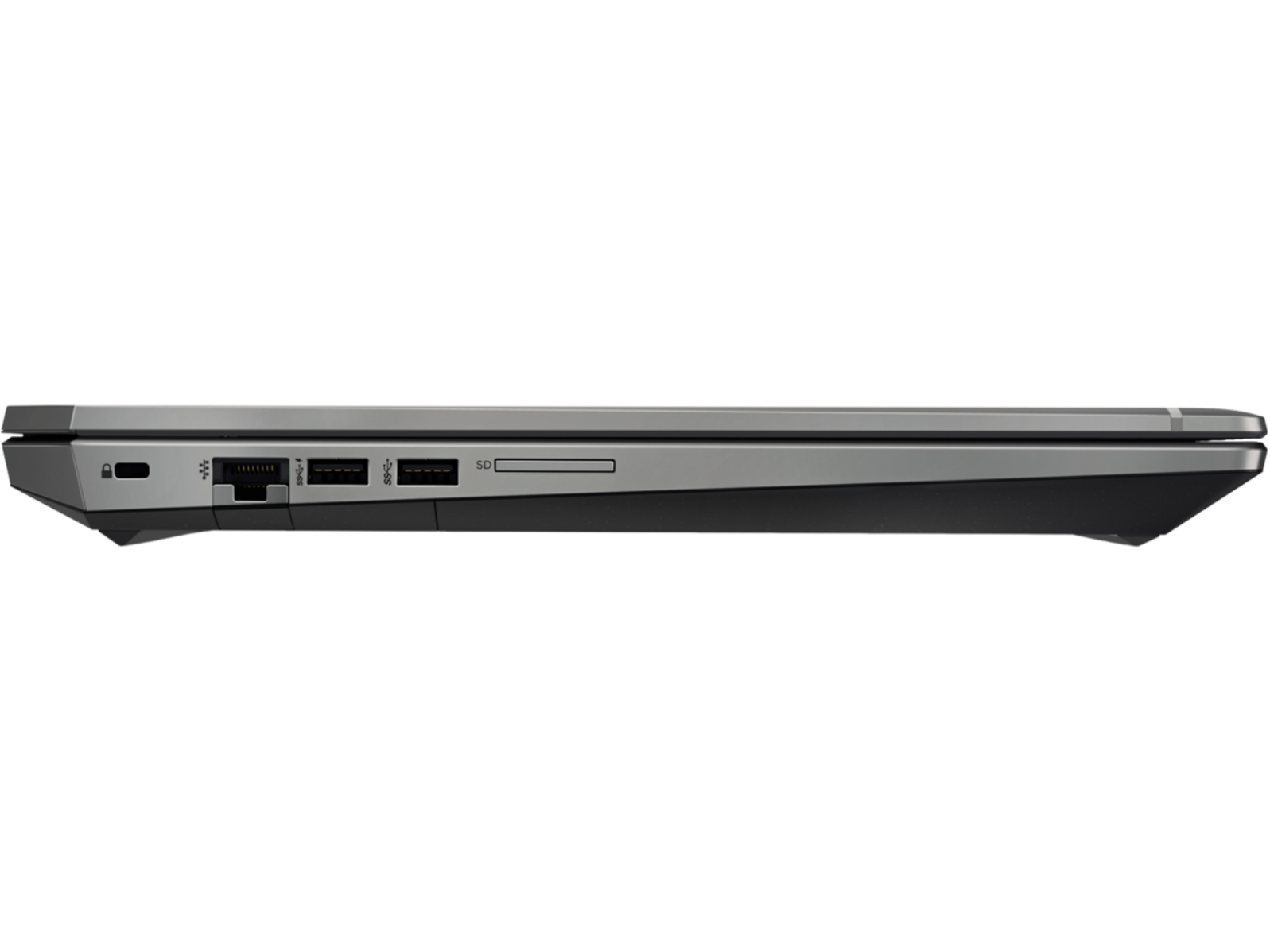 Seitenansicht eines silbernen Laptops mit Anschlüssen: Schloss, Ethernet, 2x USB, SD-Kartensteckplatz.