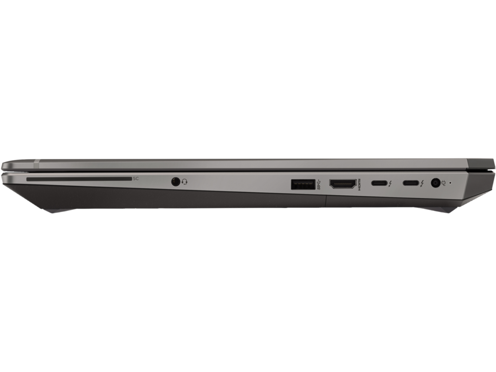 Die linke Seite eines Laptops mit Anschlüssen: SC, Kopfhörer, USB-A, HDMI, Thunderbolt.