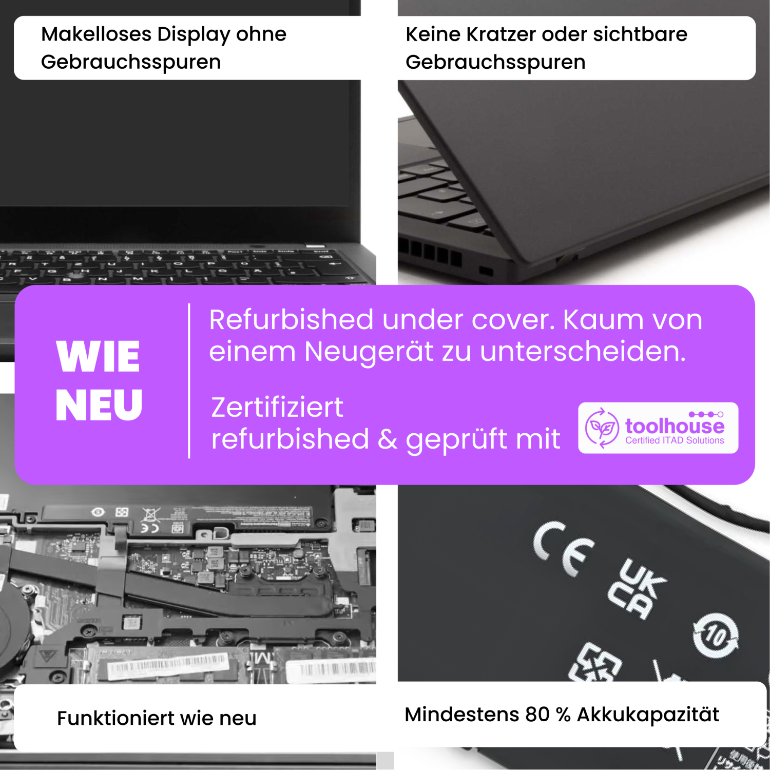 Ein Laptop mit makellosem Display und Gehäuse, innen und außen.