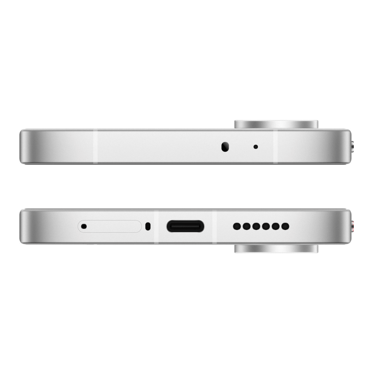 Dwa widoki srebrnego smartfona pokazujące port USB-C i otwory głośników.