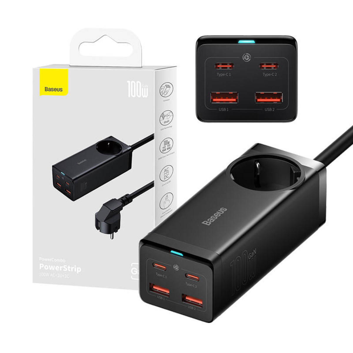 Baseus PowerStrip nero con presa CA e 4 porte USB.