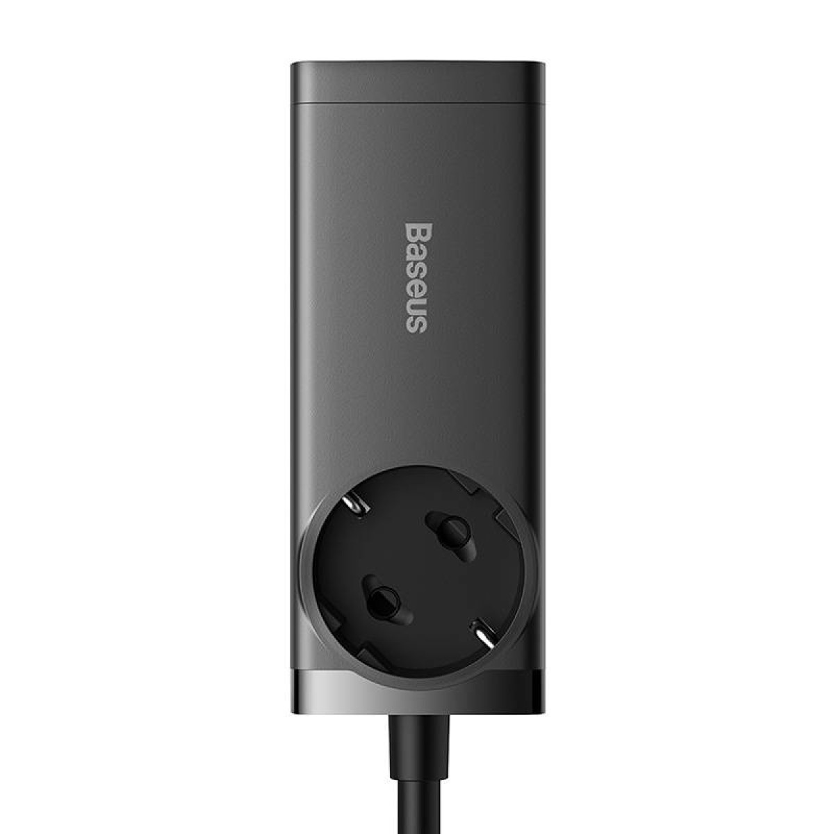 Adattatore Baseus grigio con presa e cavo, orientato verticalmente.