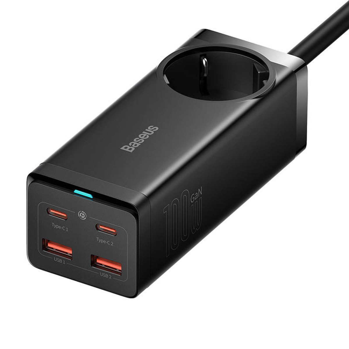 Caricatore nero con 2 porte USB-C, 2 porte USB-A e una presa di corrente.