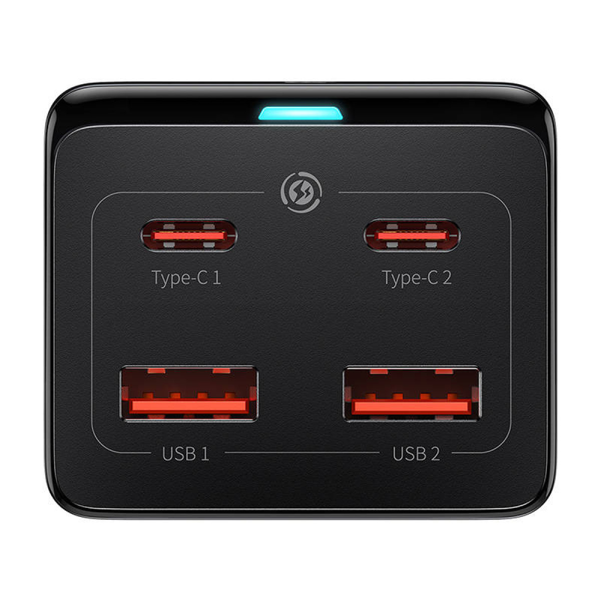 Caricatore nero con 2 porte USB-C e 2 porte USB-A, indicatore blu.