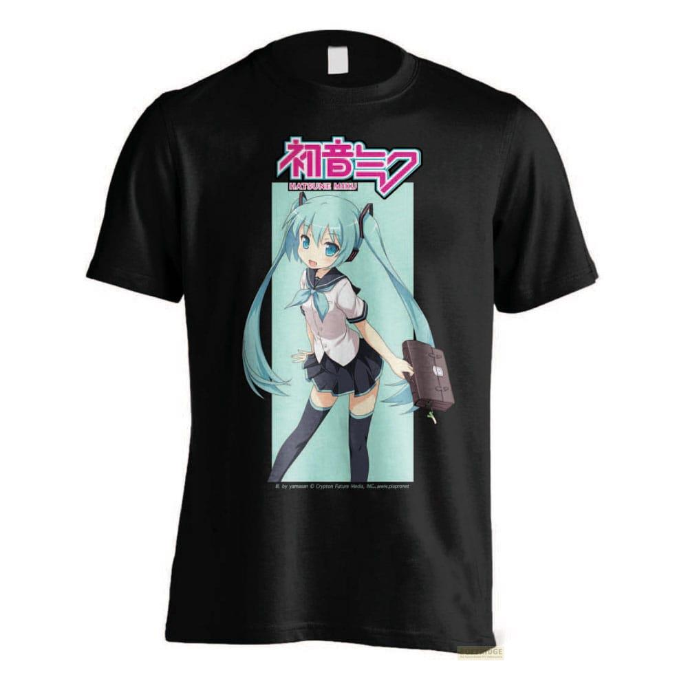 Schwarzes T-Shirt mit Anime-Mädchen und japanischer Schrift.