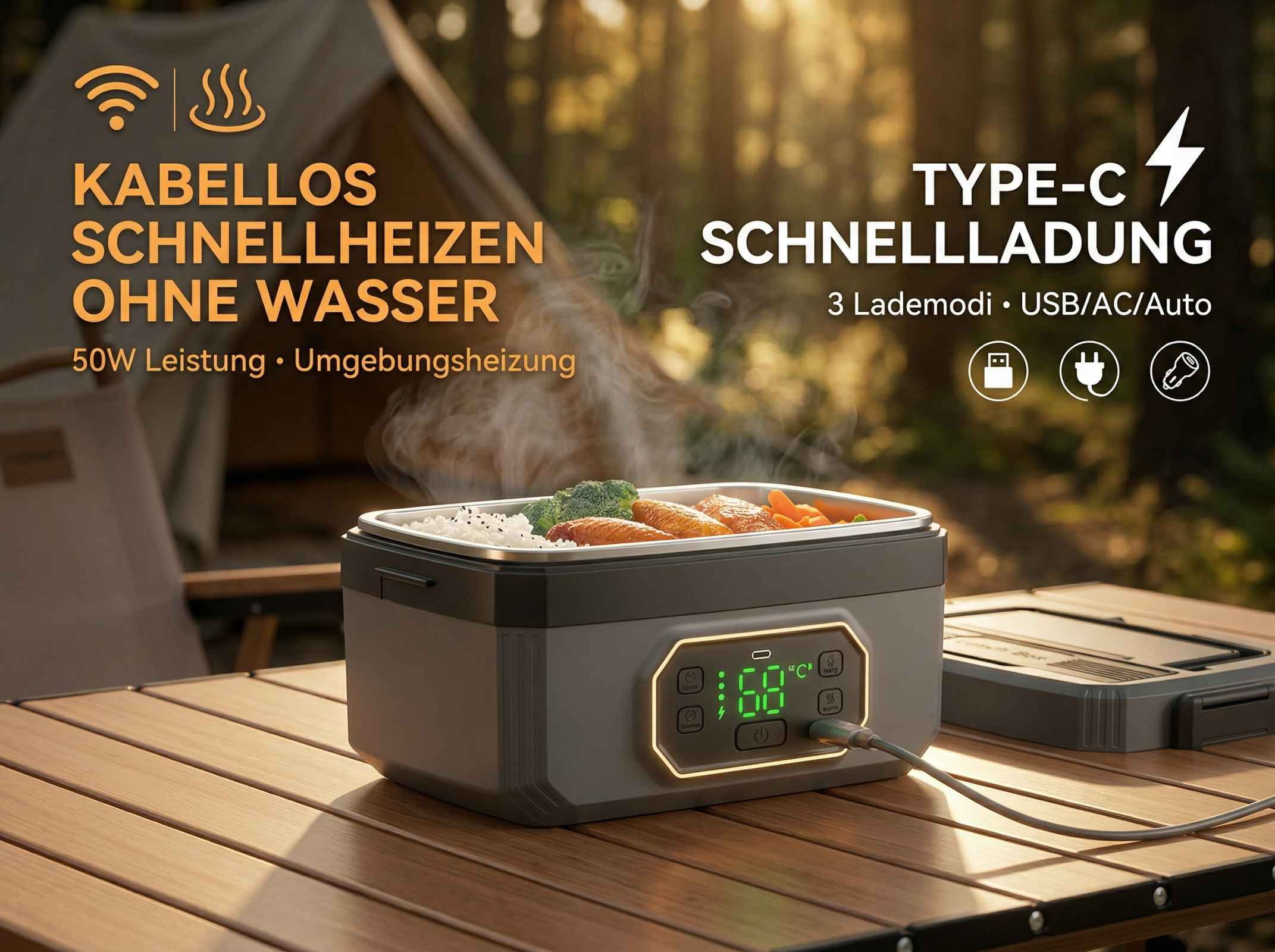 Ein tragbarer Lunchbox-Heizer mit Essen auf einem Holztisch im Freien.