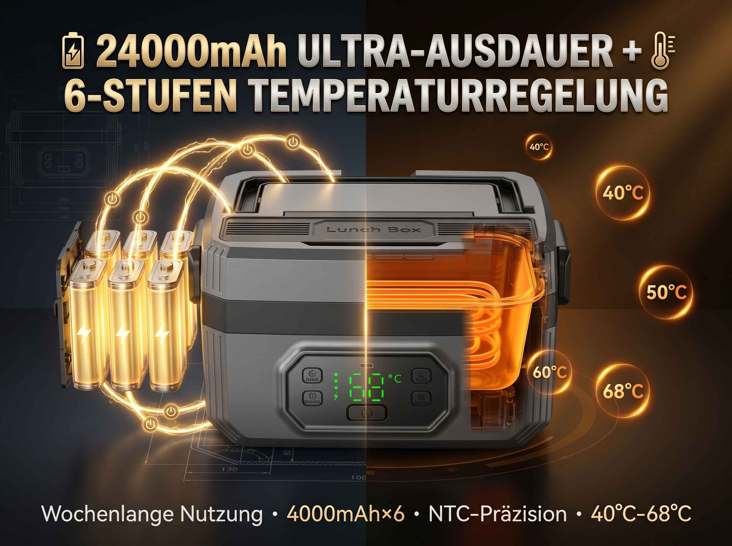 Elektrische Lunchbox mit 6 Stufen Temperaturregelung und 24000mAh. 6 Batterien liefern Energie.