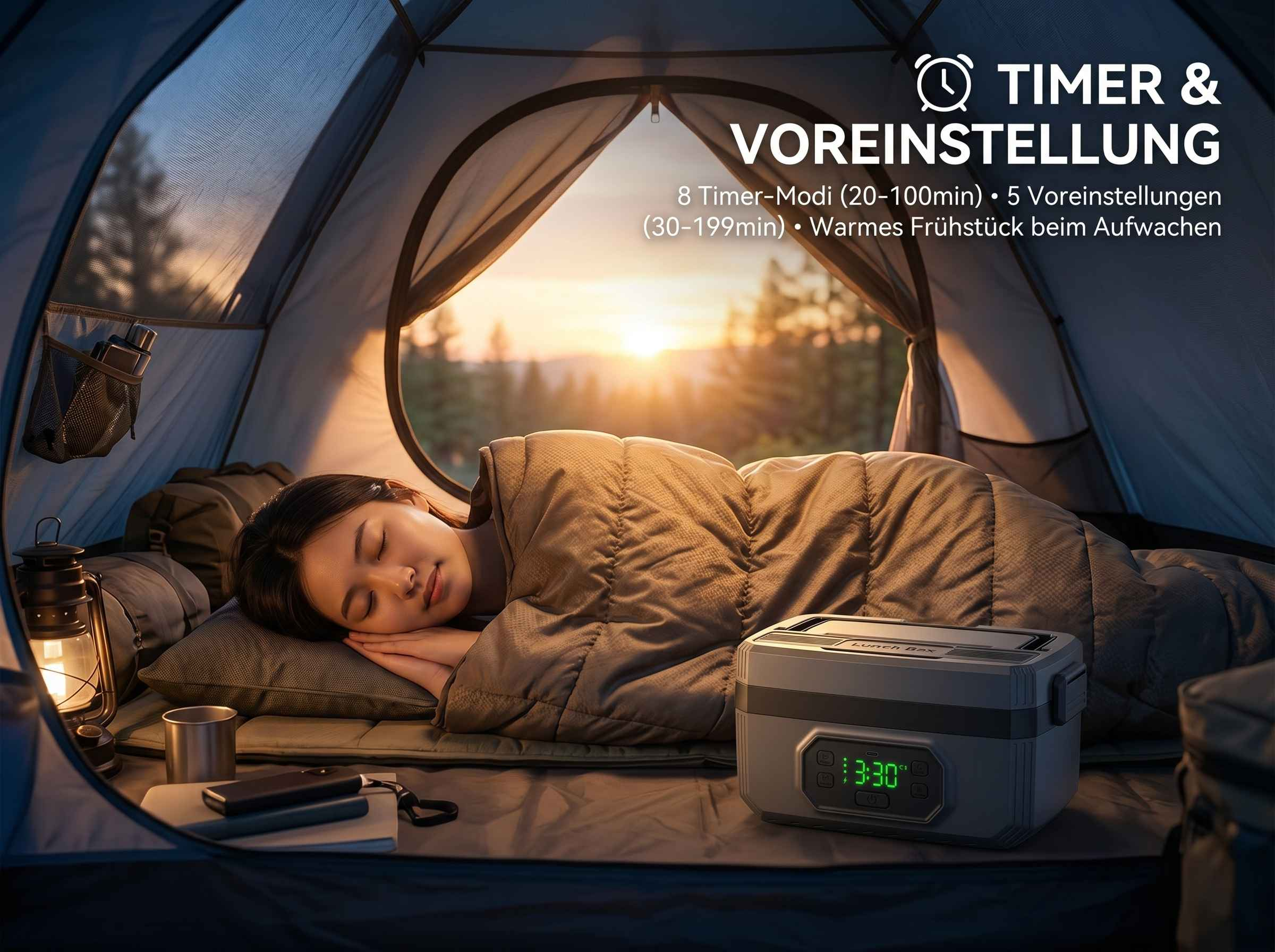 Frau schläft im Zelt mit Blick auf Sonnenaufgang, Lunchbox mit Timer daneben.