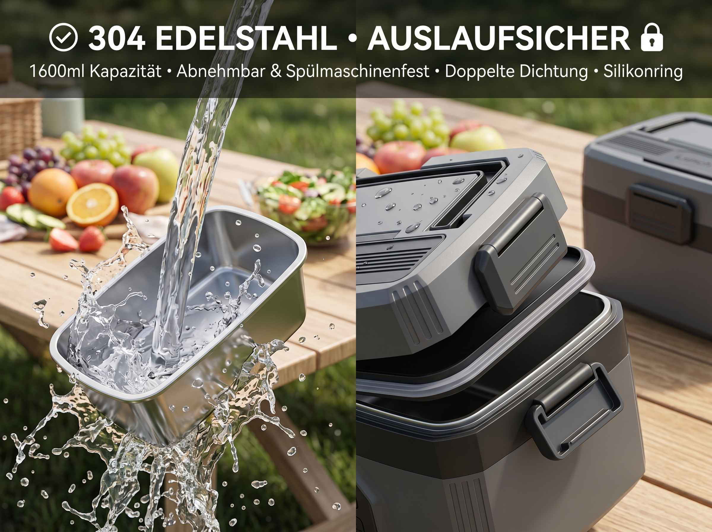Wasser fließt in Edelstahlbehälter neben einem Behälter aus Kunststoff. Obst auf dem Tisch.