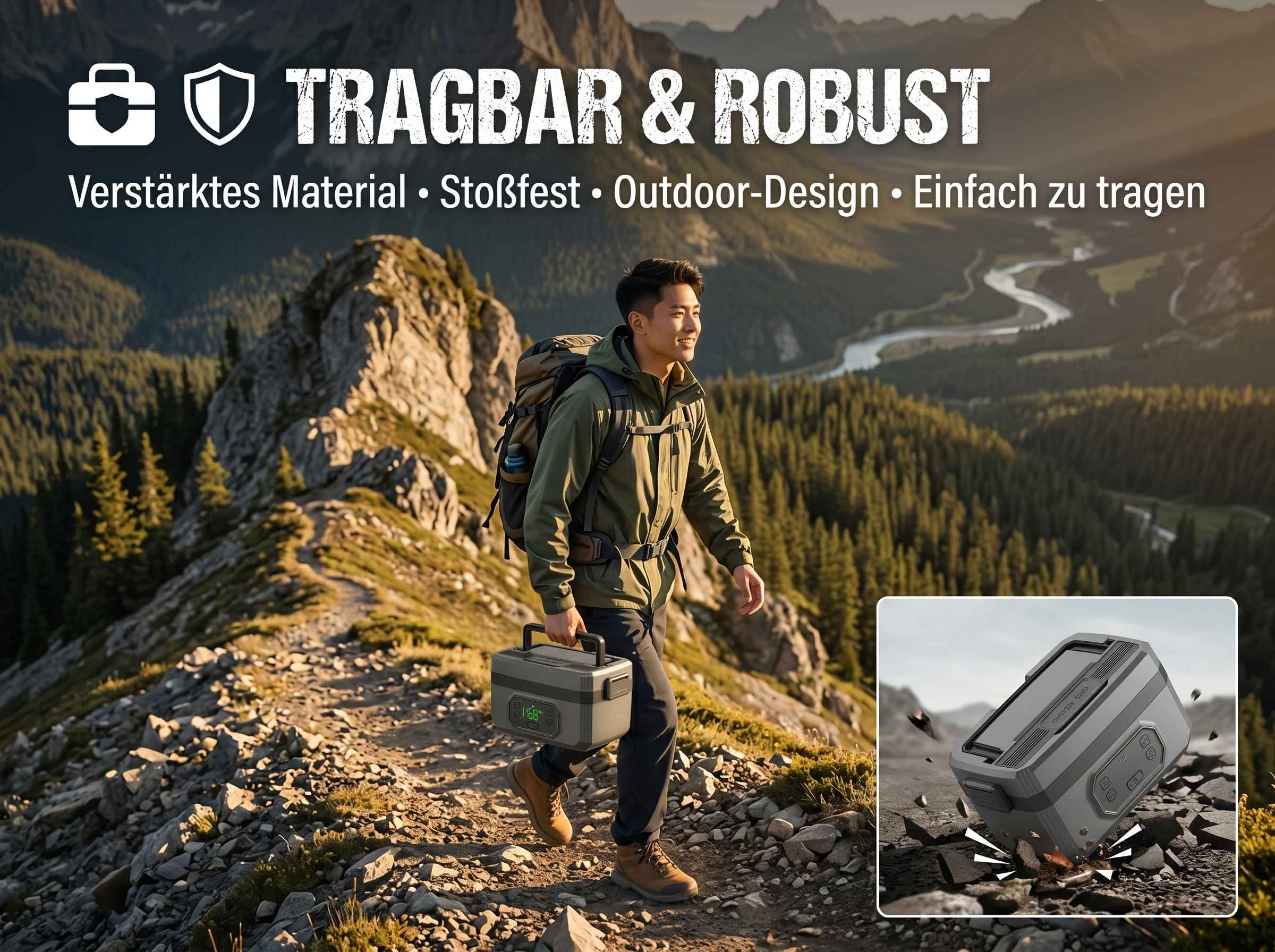 Mann mit Rucksack wandert mit tragbarem Stromaggregat in den Bergen.