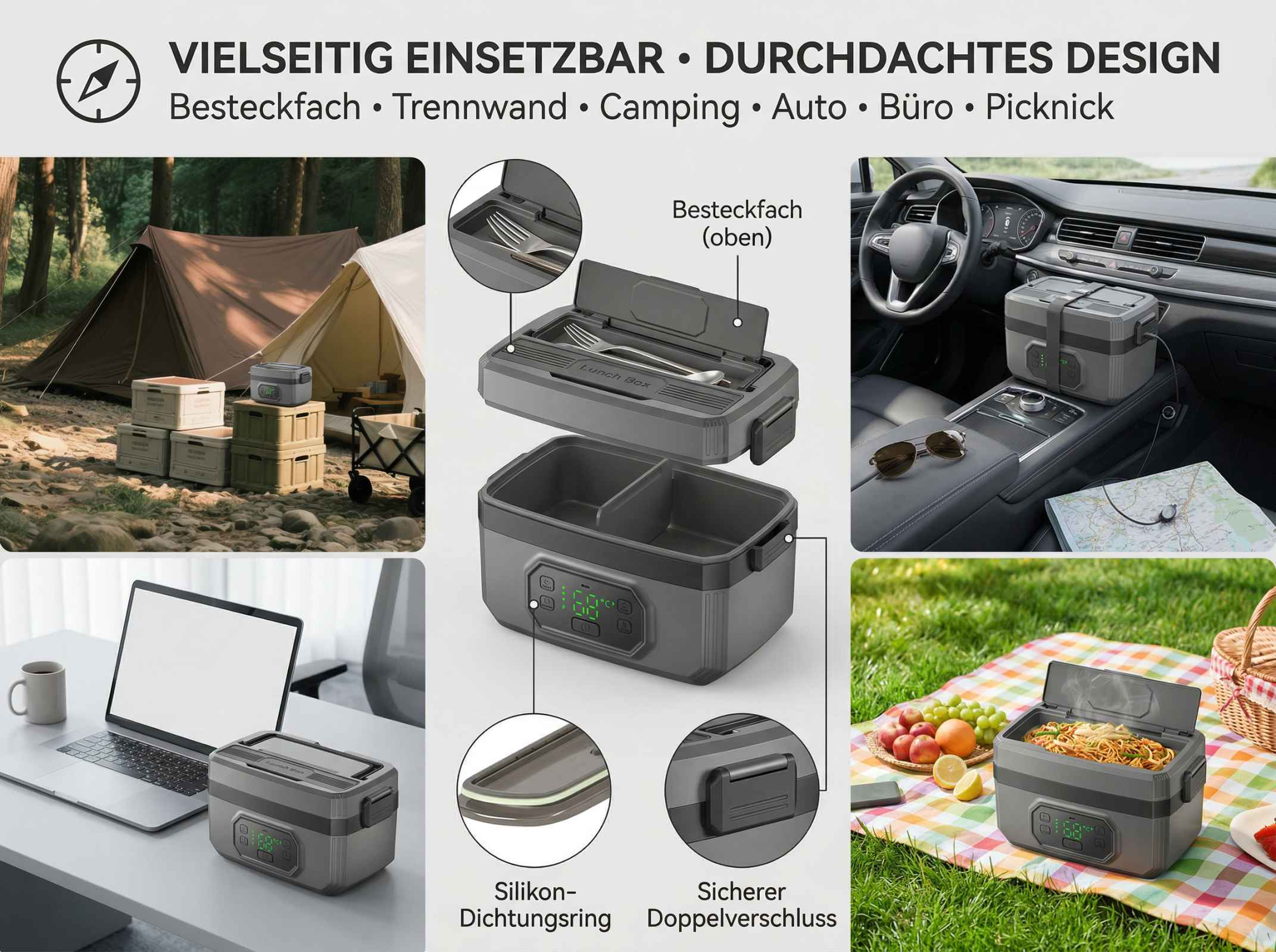 Multifunktionale Lunchbox im Auto, beim Camping und im Büro.