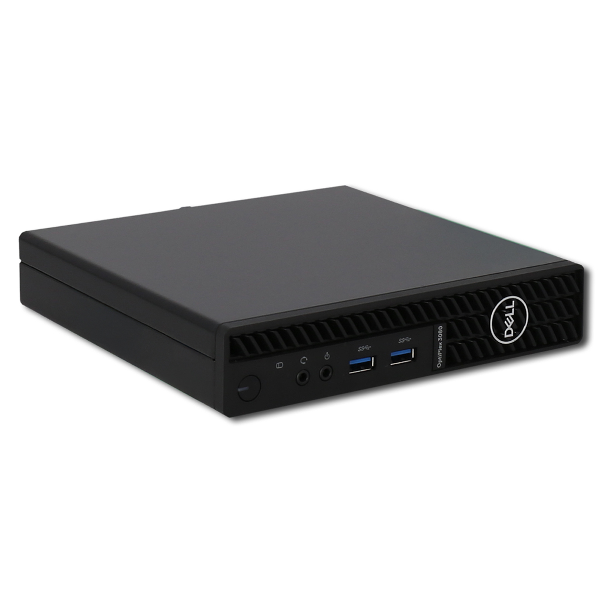 Mini PC Dell OptiPlex 3080 nero con porte e fessure di ventilazione.