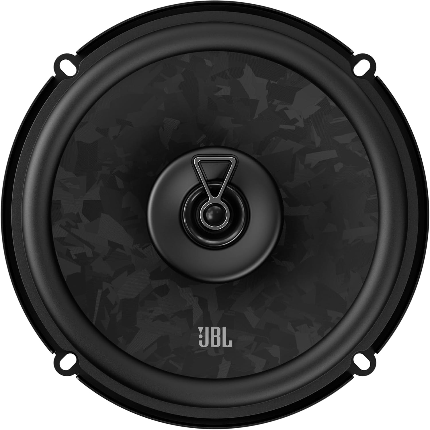 Schwarzer JBL-Lautsprecher mit geometrischem Muster und silbernem Ring.