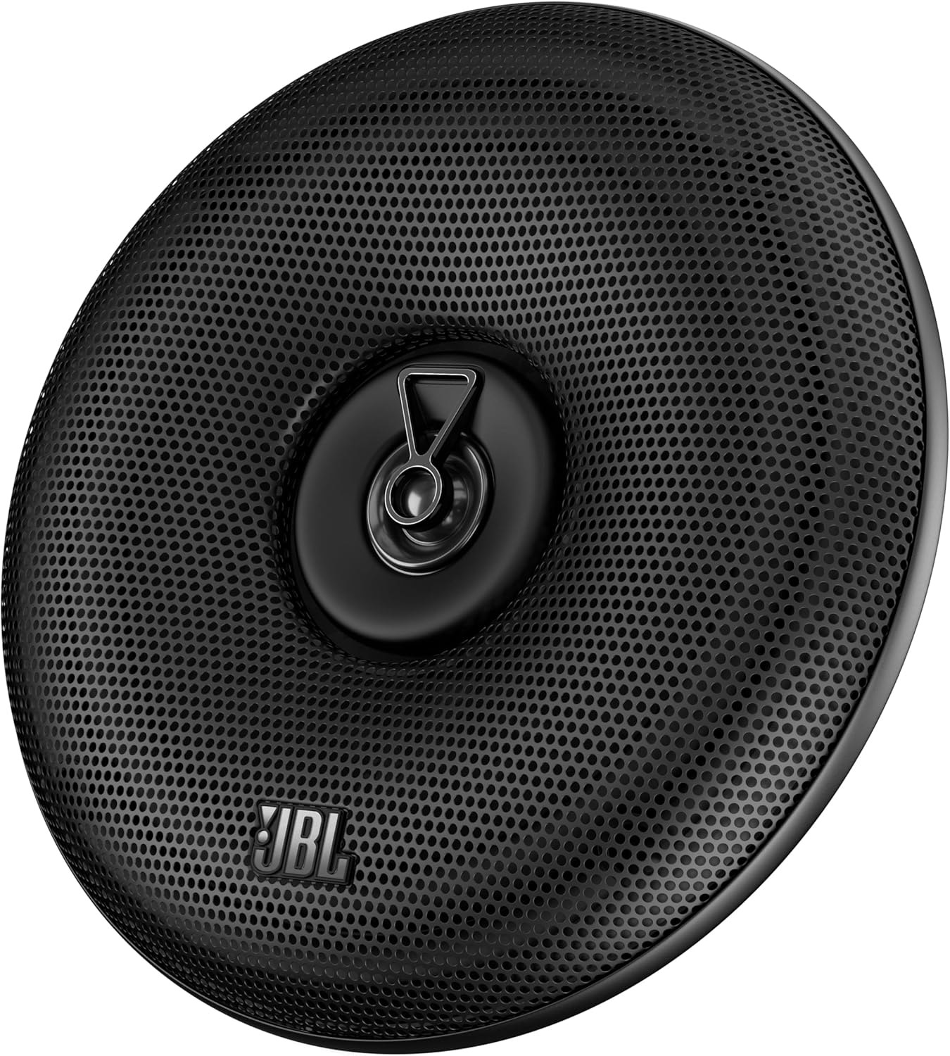 Schwarzer JBL-Lautsprecher mit perforiertem Gitter und silbernem Mittelhorn.