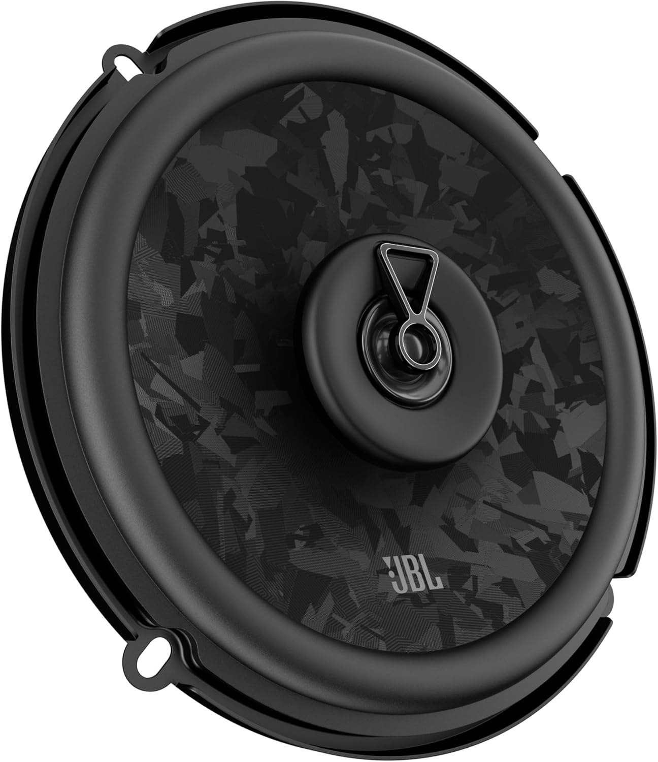 Schwarzer Lautsprecher mit JBL-Logo und geometrischem Muster.