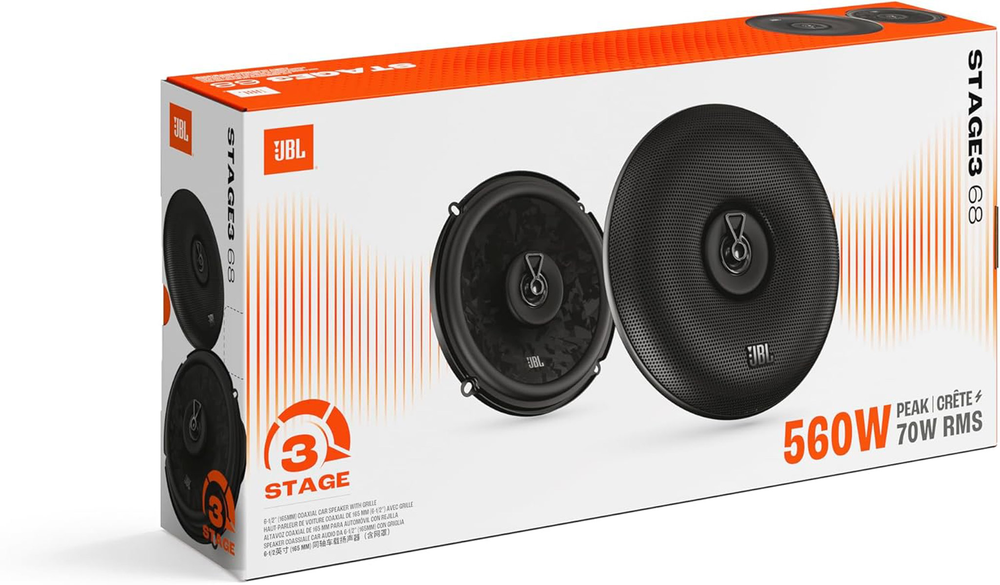 Verpackung mit zwei JBL Auto-Lautsprechern, vorne und seitlich. Beschriftung: STAGE3 68.