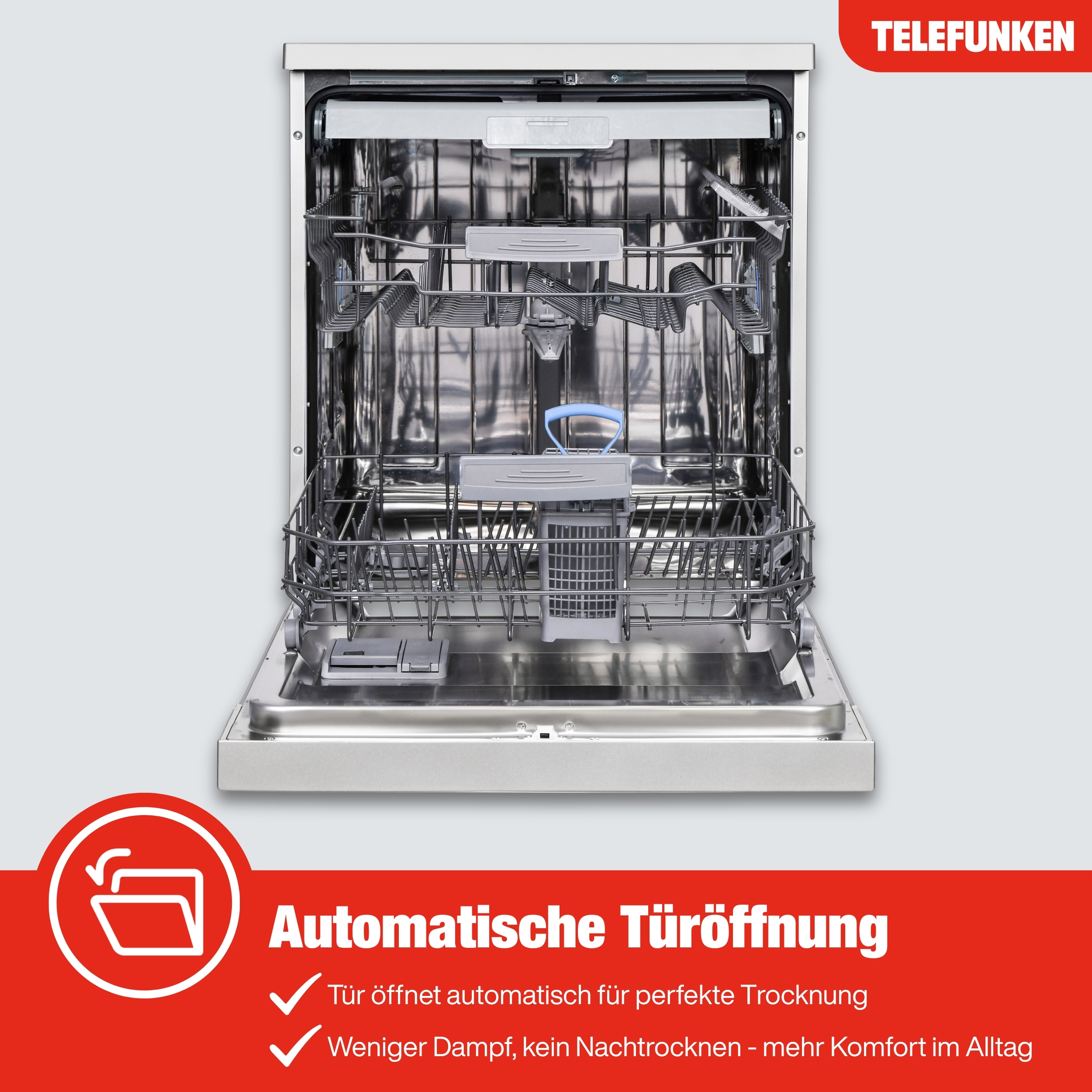 Ein offener Geschirrspüler mit silbernem Innenraum und Körben. Oben steht TELEFUNKEN.