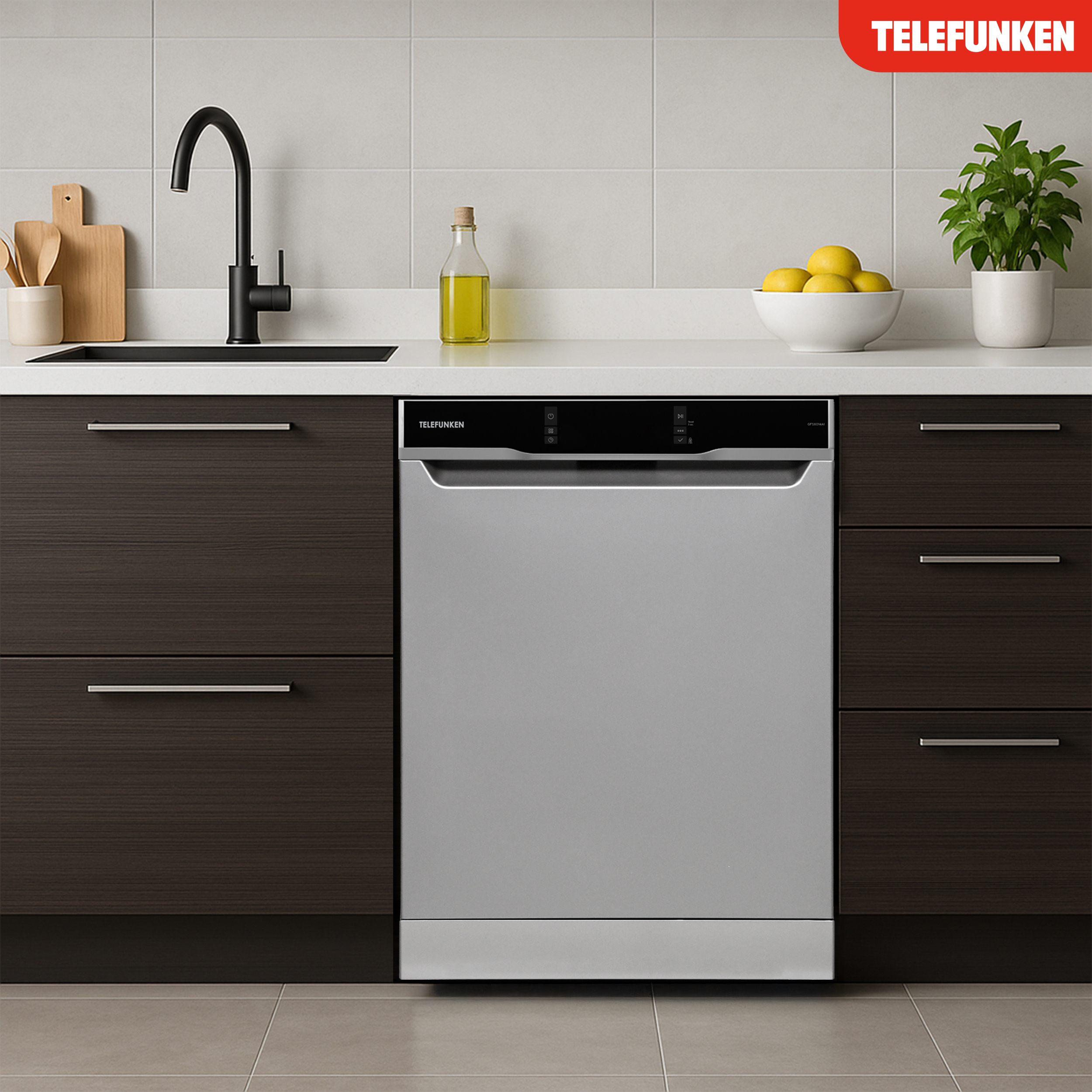 Eine moderne Küche mit silberner Spülmaschine, dunklen Holzschränken und weißer Arbeitsplatte.