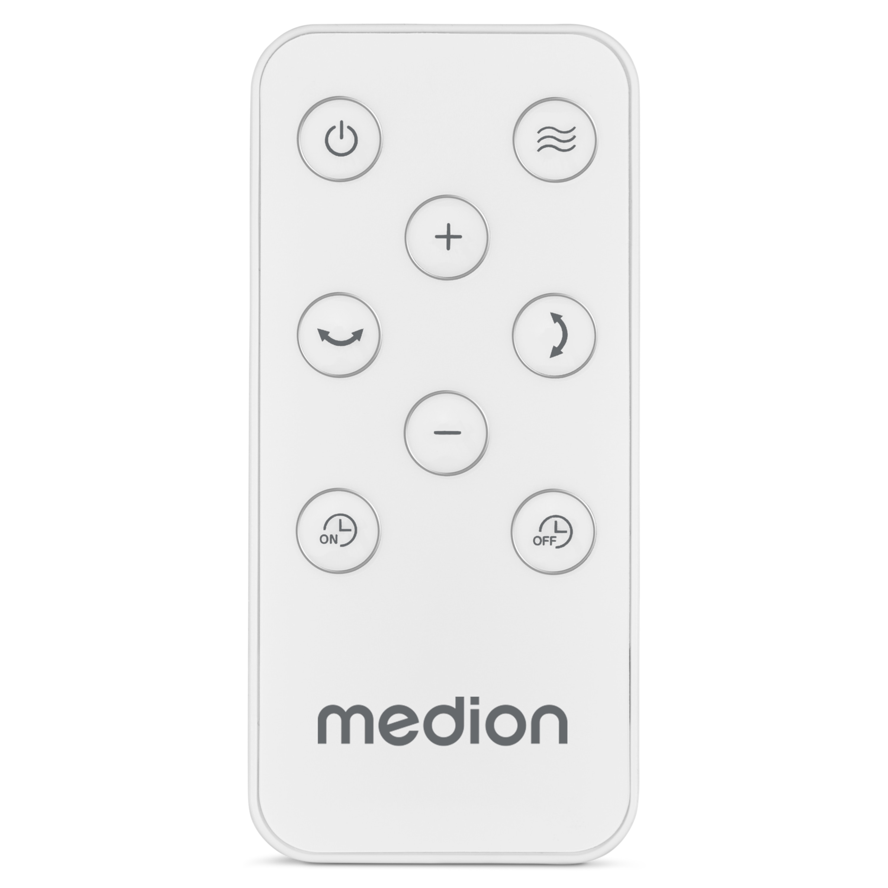 White Medion remote with power, wave, plus, minus, and timer buttons.