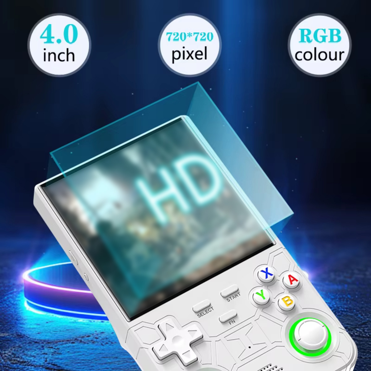 Consola de juegos portátil blanca con pantalla HD de 4,0 pulgadas, 720x720 píxeles, color RGB.
