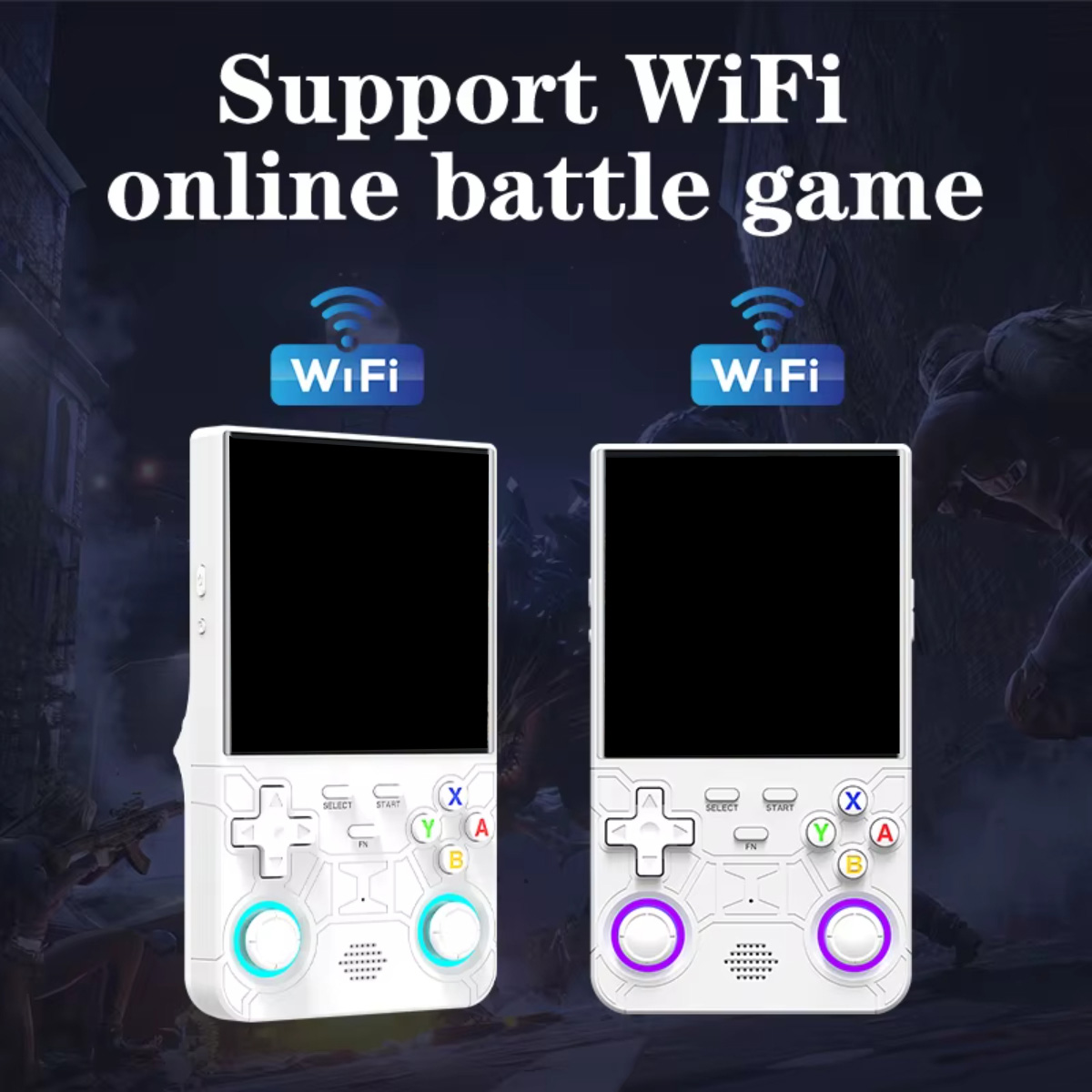 Dos dispositivos blancos de videojuegos portátiles con pantallas y controles.
