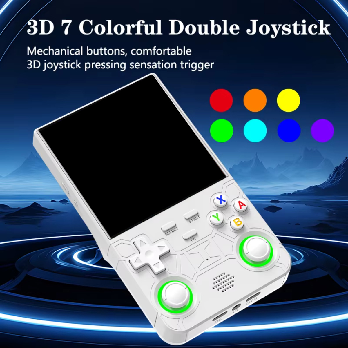 Consola de videojuegos portátil blanca con dos joysticks, botones y pantalla. Círculos coloridos arriba.