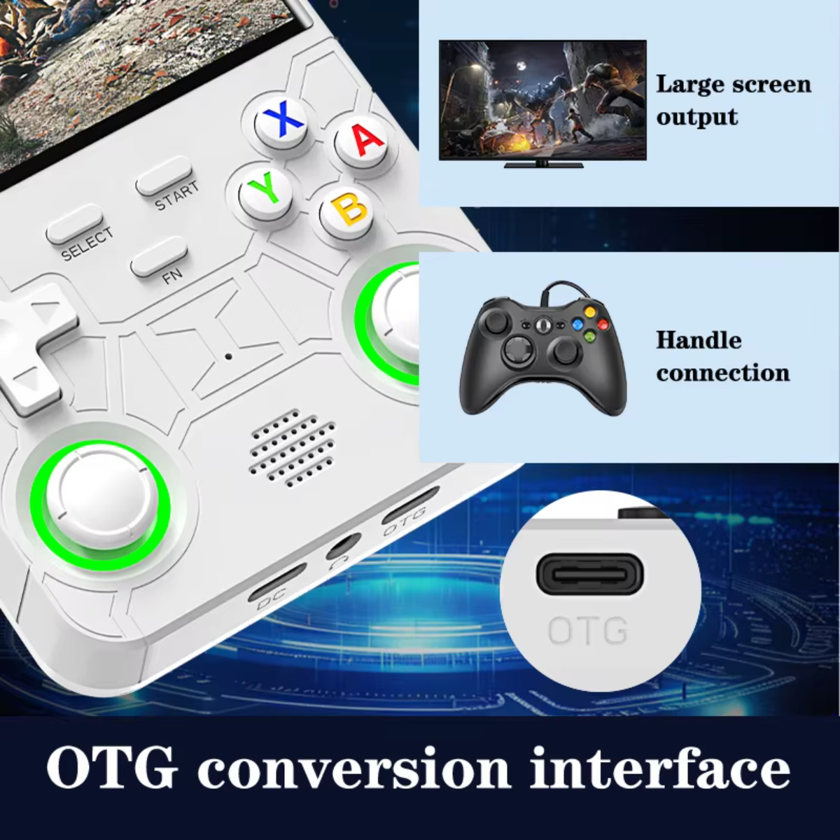 Consola de juegos portátil blanca con pantalla, mando y puerto OTG.