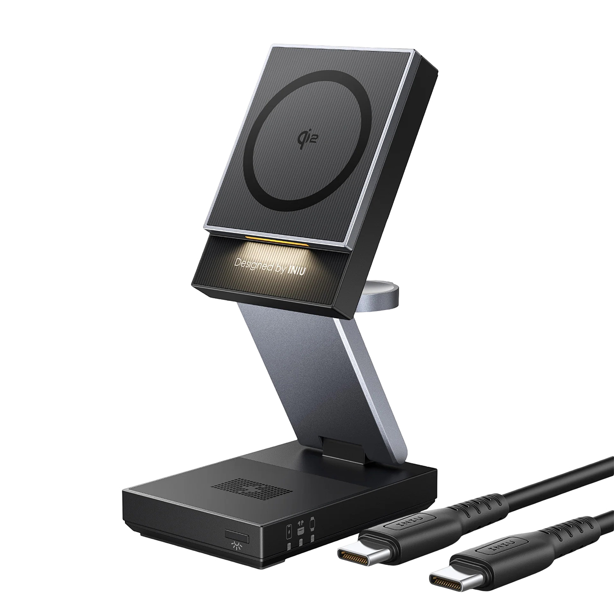 Un caricabatterie wireless nero con due cavi USB-C su sfondo bianco.