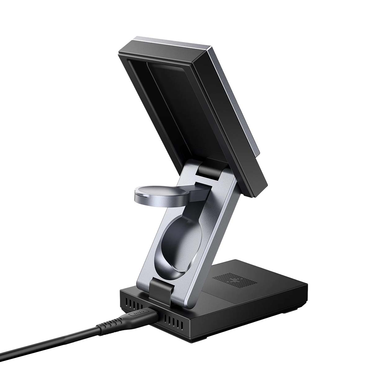 Un supporto di ricarica nero con braccio girevole e pad di ricarica per un dispositivo.