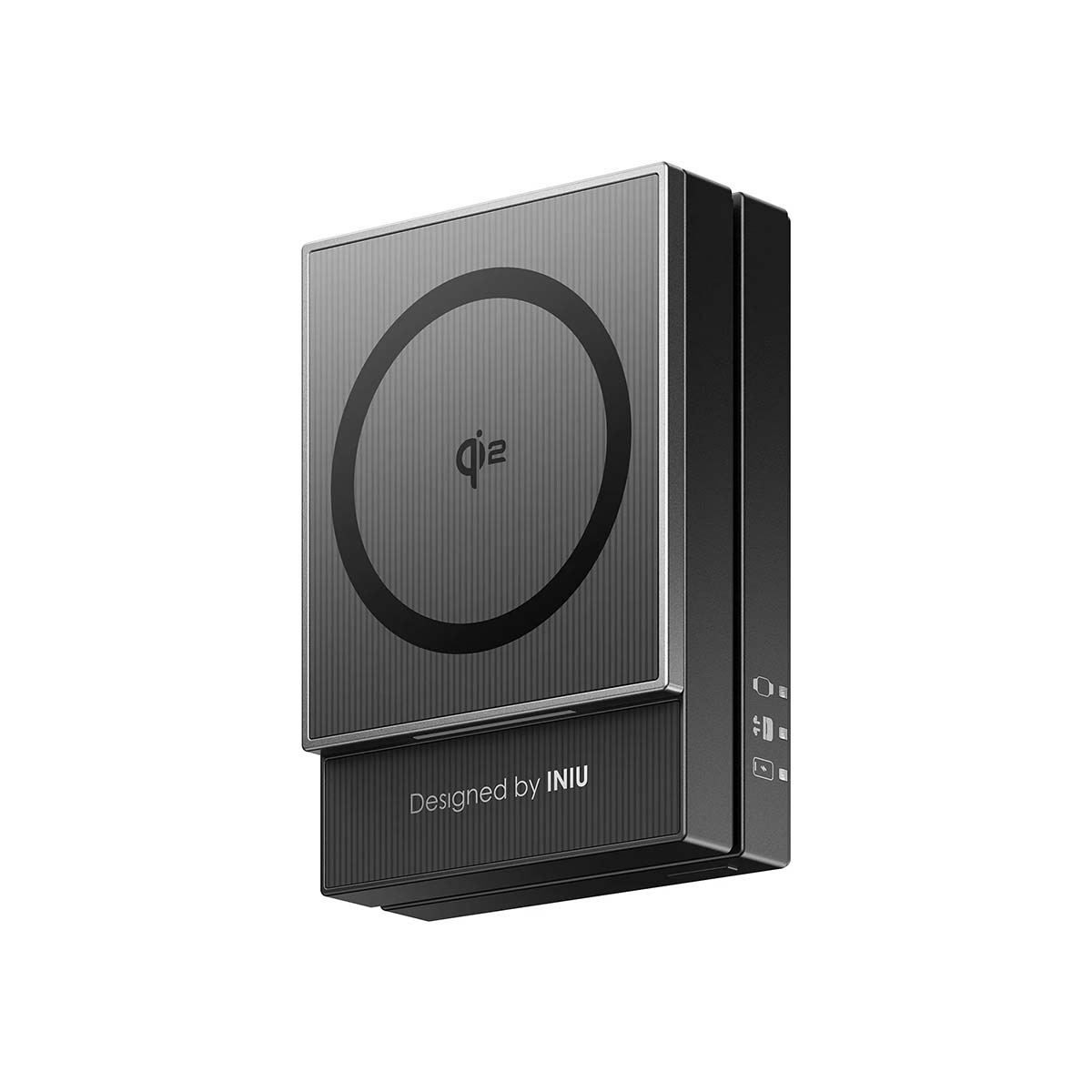 Un caricabatterie wireless nero con logo Qi e "Designed by INIU".