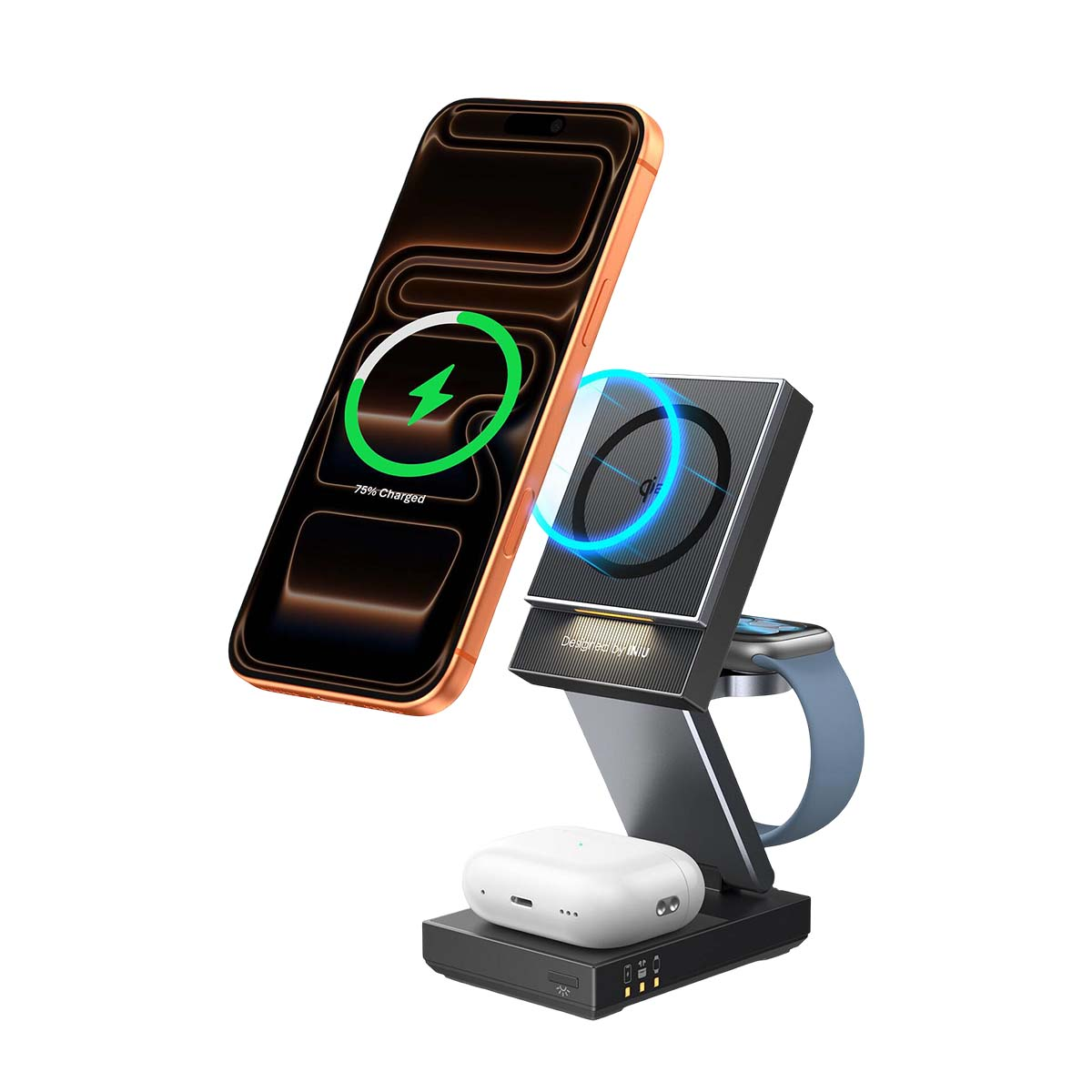 Un supporto di ricarica con telefono, orologio e auricolari.