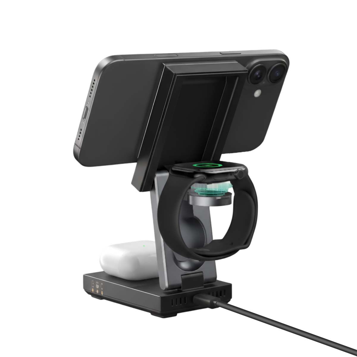 Uno smartphone nero, smartwatch e auricolari bianchi su base di ricarica.