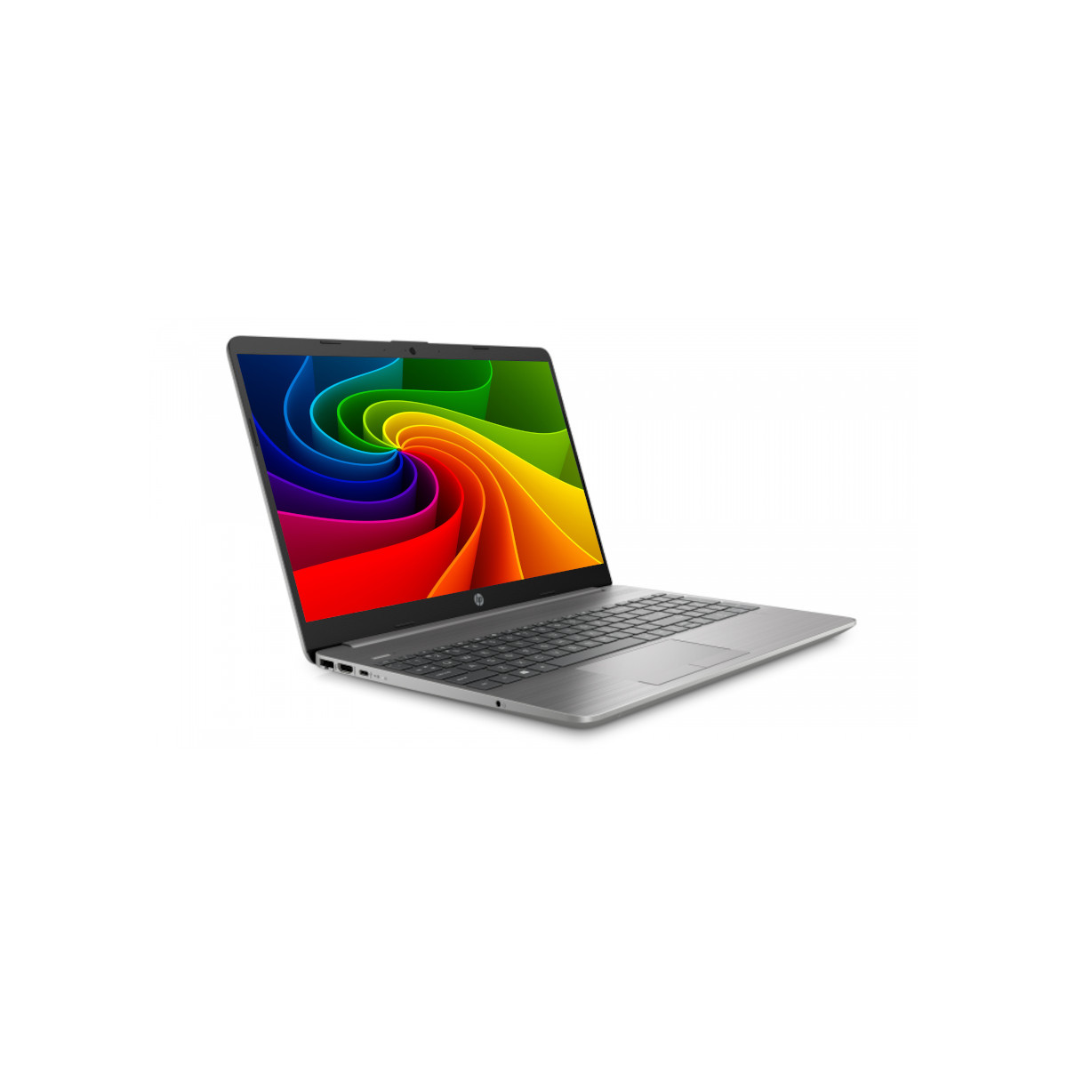 Ein geöffneter Laptop mit einem Regenbogen-Wirbel-Hintergrund auf dem Bildschirm.