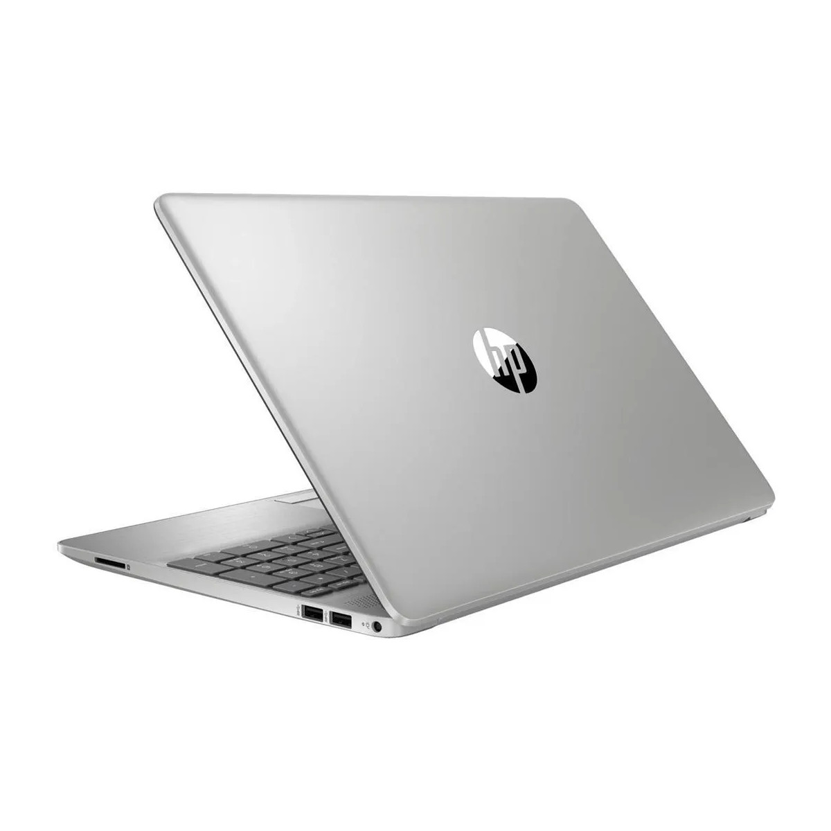 Ein silberner HP Laptop auf weißem Hintergrund, leicht geöffnet mit sichtbarer Tastatur.