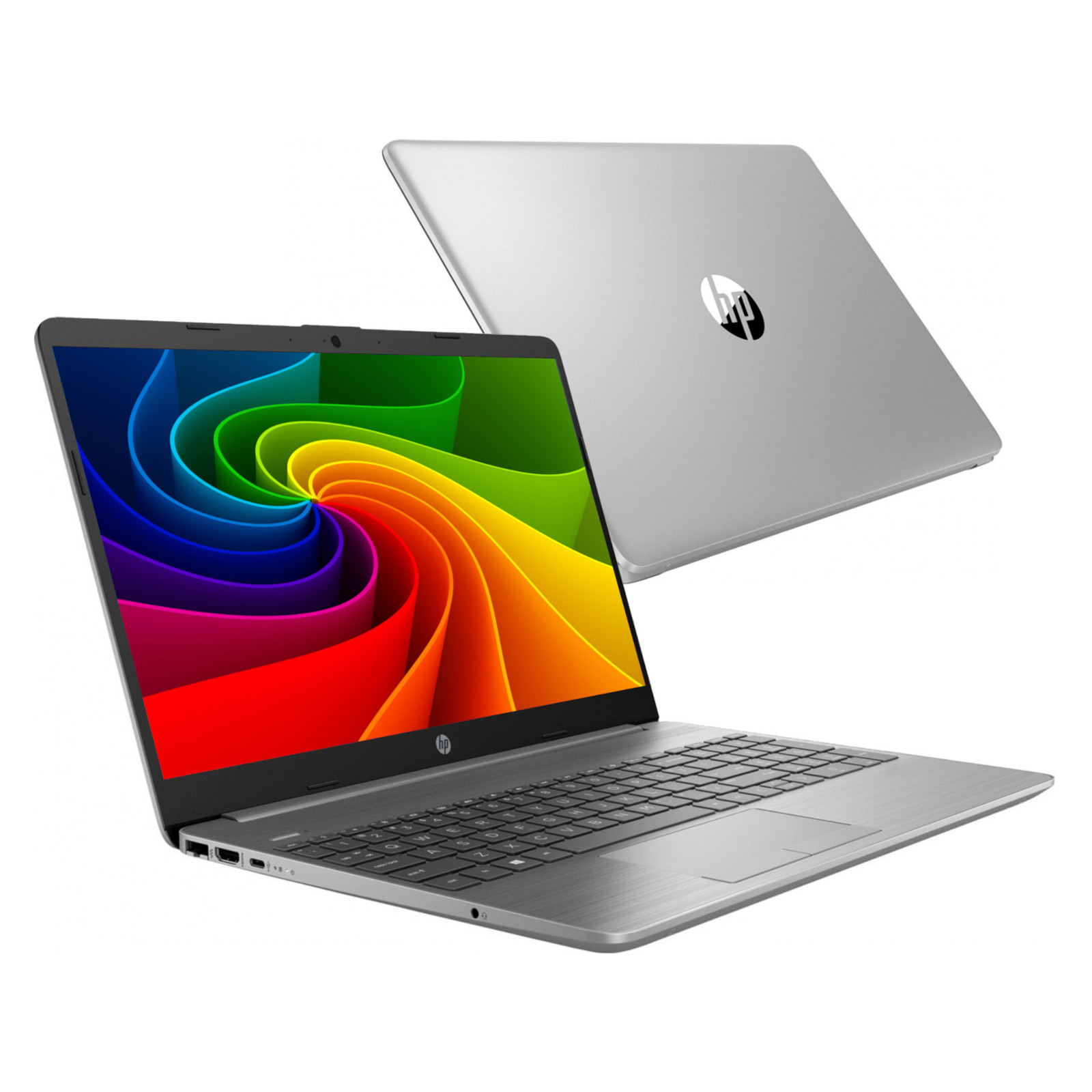 Ein silberner HP Laptop mit einem bunten, wirbelnden Hintergrund auf dem Bildschirm.