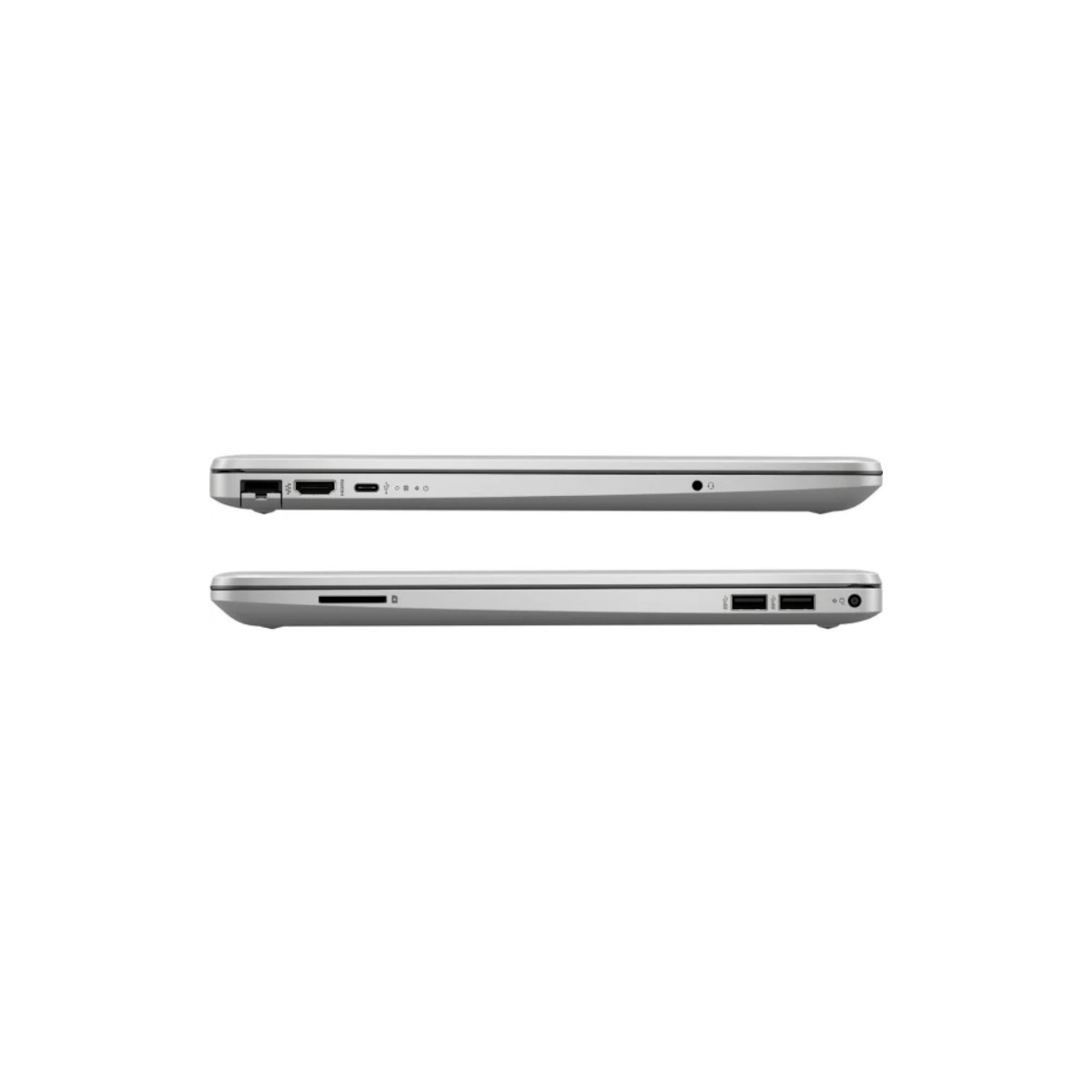 Zwei silberne Laptops nebeneinander, Seitenansicht mit Anschlüssen.