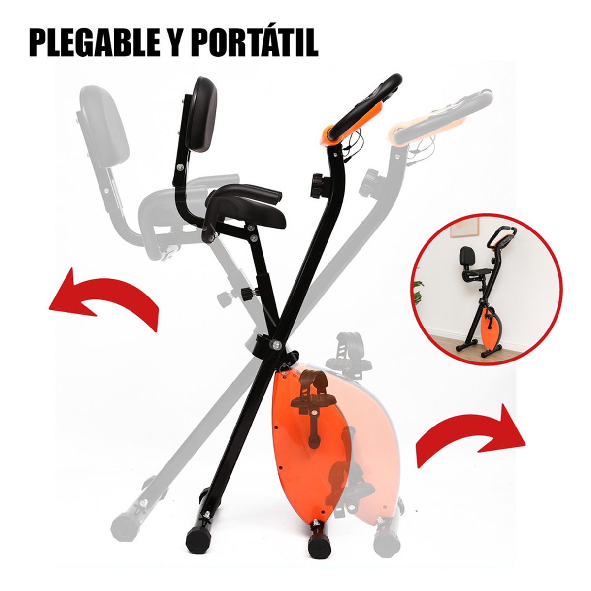 Bicicleta estática plegable negra y naranja con asiento y manillar.
