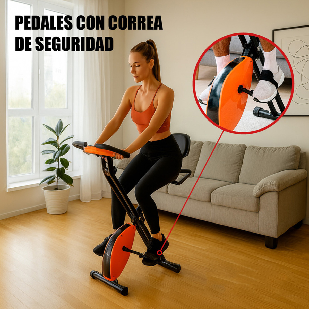 Una mujer se ejercita en una bicicleta estática con correas de seguridad en los pedales.
