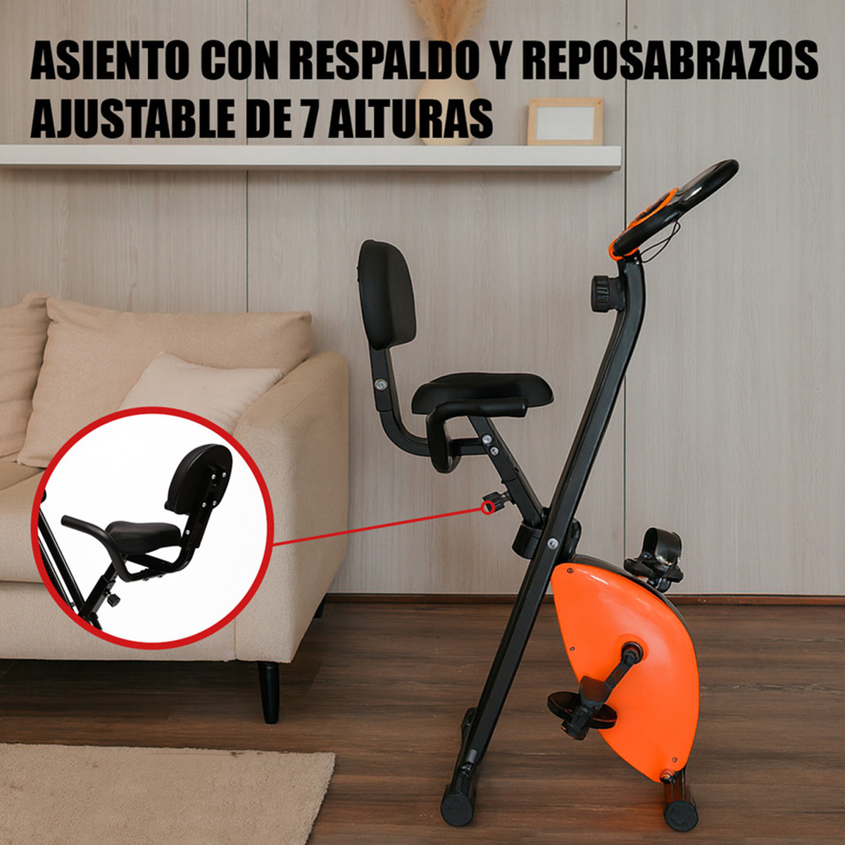 Bicicleta estática naranja y negra con asiento y respaldo ajustables.