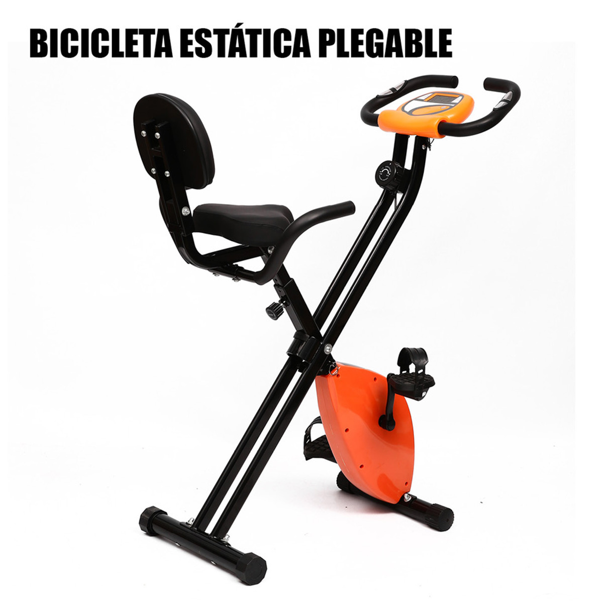 Una bicicleta estática plegable naranja y negra con pantalla digital.