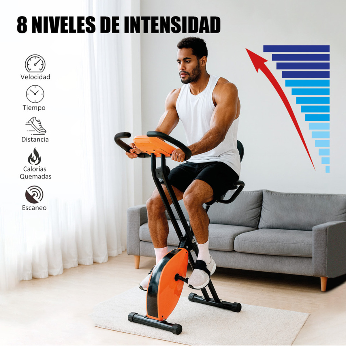 Un hombre se ejercita en una bicicleta estática naranja con iconos de velocidad e intensidad.