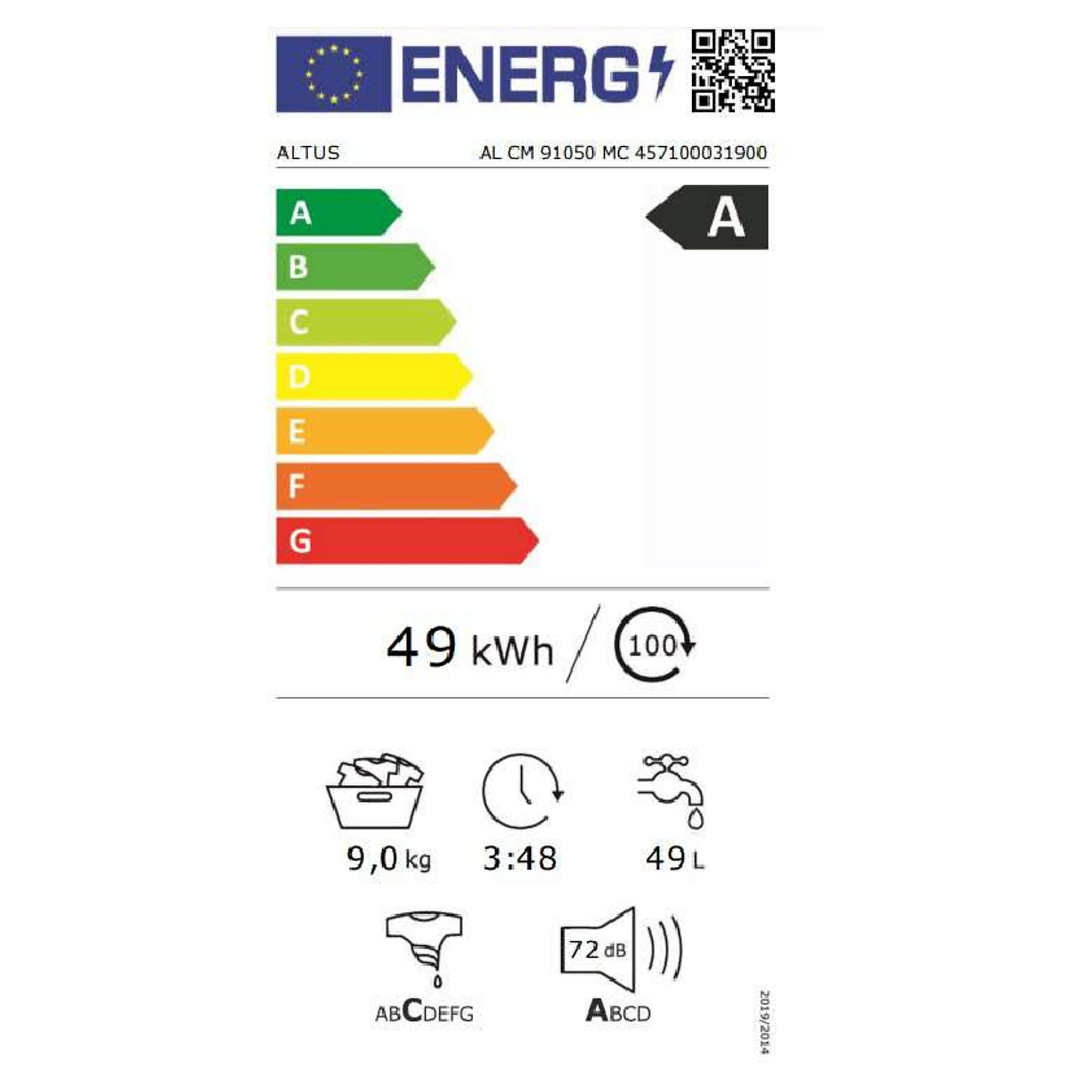 Enerji etiketi A sınıfı, 49 kWh/100 döngü, 9 kg, 3s 48dk, 49l, 72 dB.