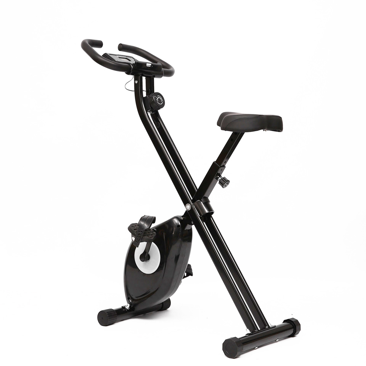 Una bicicleta estática plegable negra con manillar, asiento y pedales.