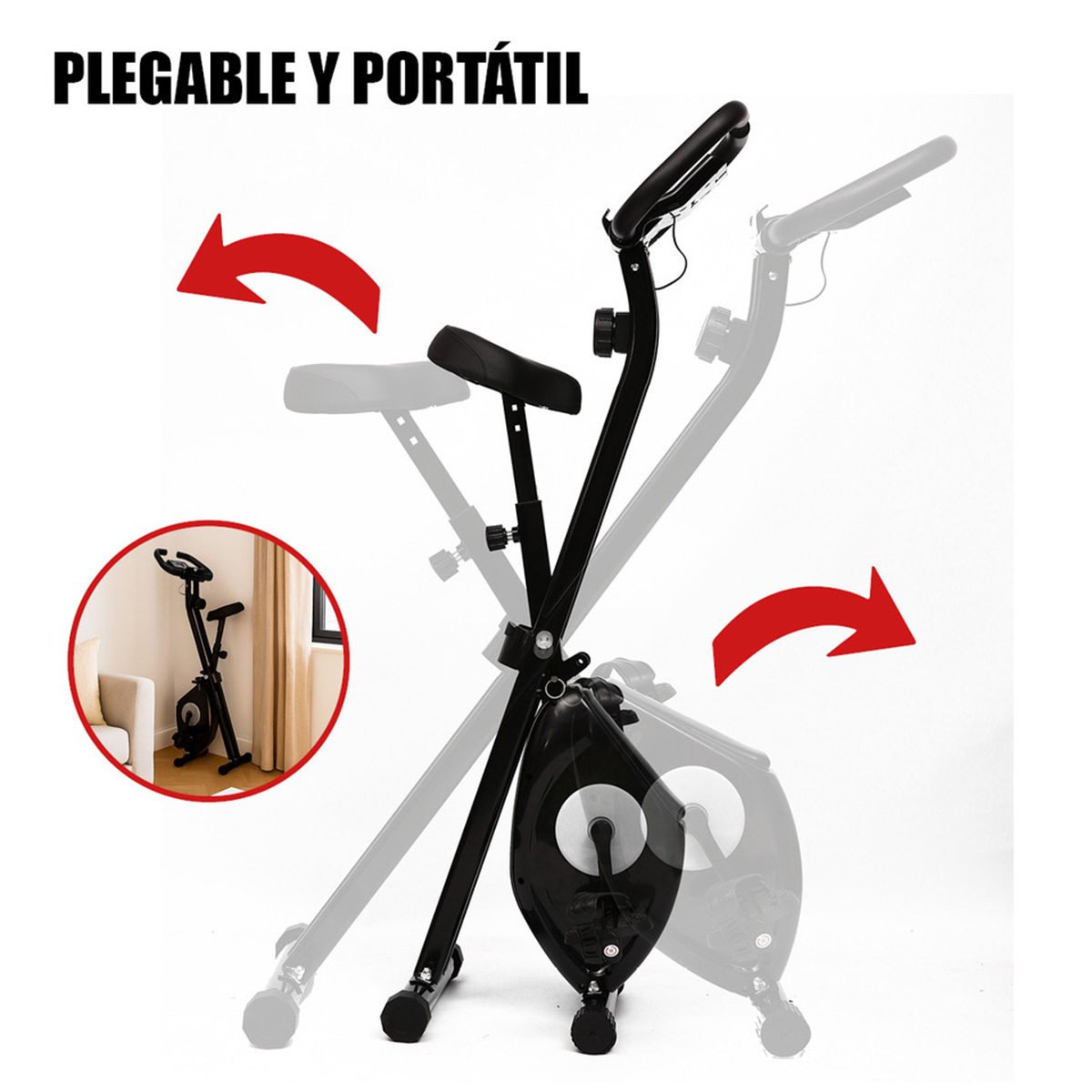 Bicicleta estática plegable negra con flechas rojas indicando movimiento.