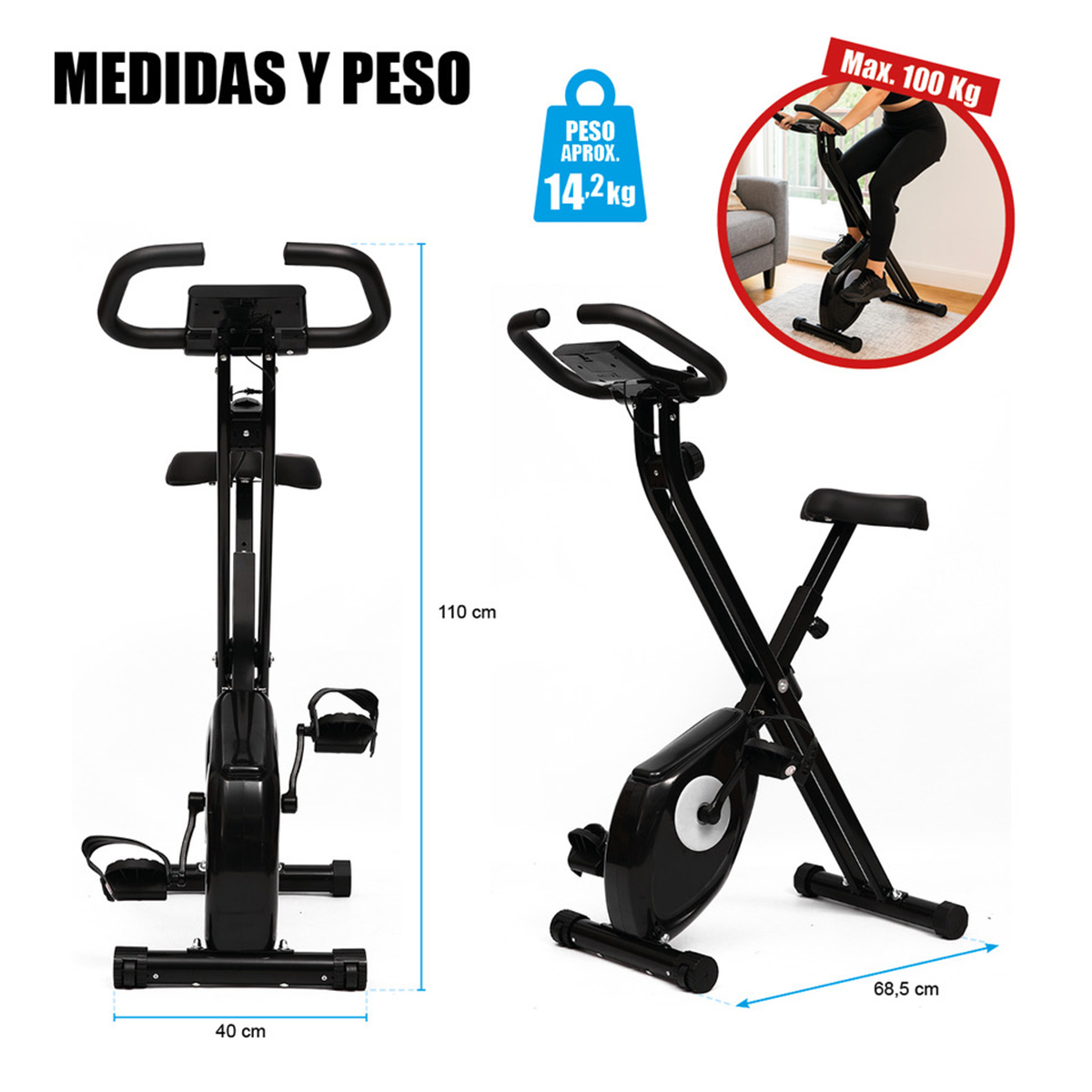 Una bicicleta estática negra con medidas e información de peso.